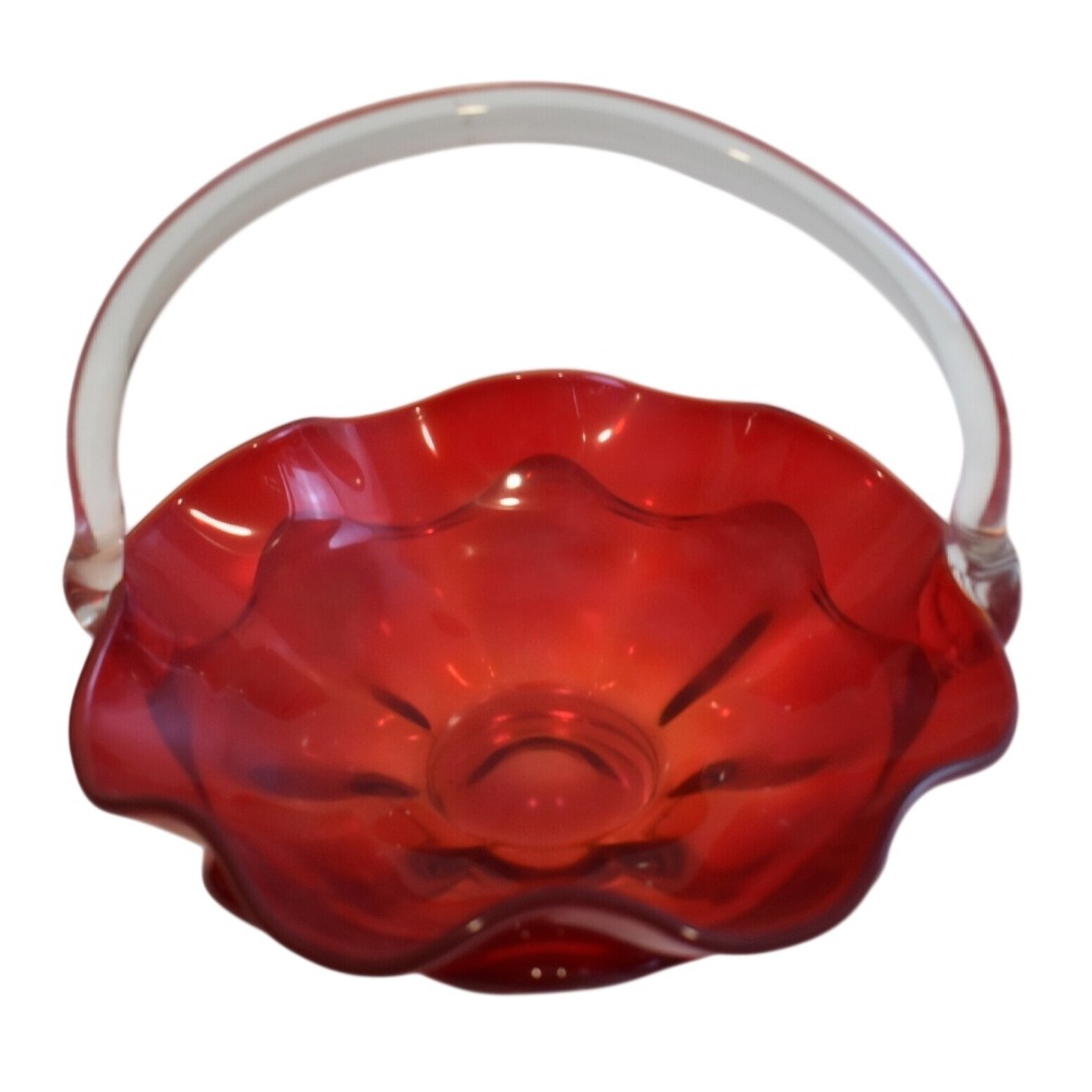 Vintage Art Glass Basket Ruby Red Ruffled Scalloped Clear Handle Decorative Bowl
